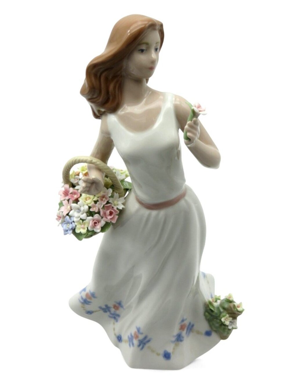 Nadal Porcelain Lady Tall Figurine With Floral Basket Spain Vintage 12.6"-US Dut